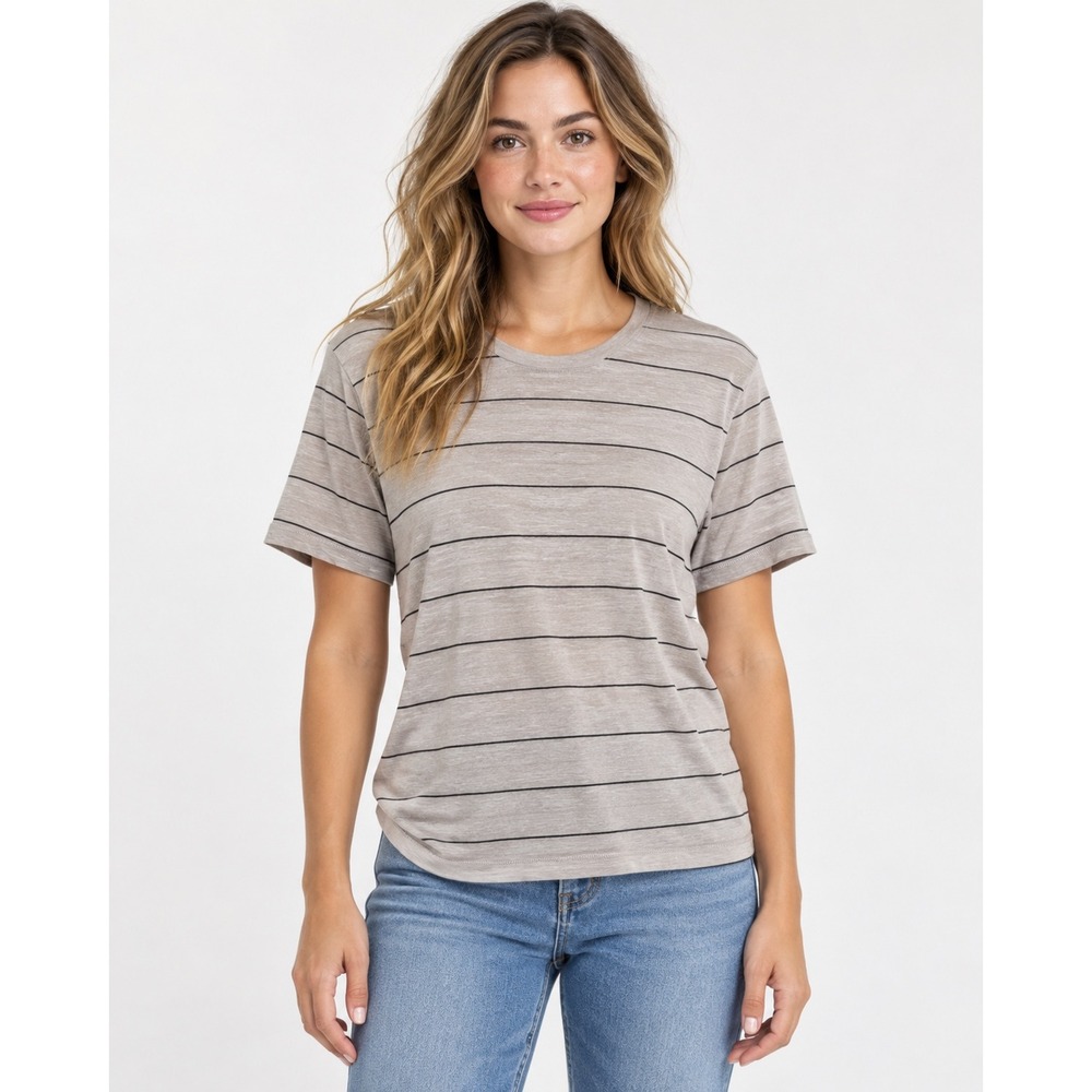 Club Monaco T-Shirt Womens Large Beige Striped Short Sleeve 100% Linen Preppy